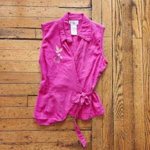 R&K Petite Collared Sleeveless Embroidered Floral Wrap Top Bright Pink Size 14P